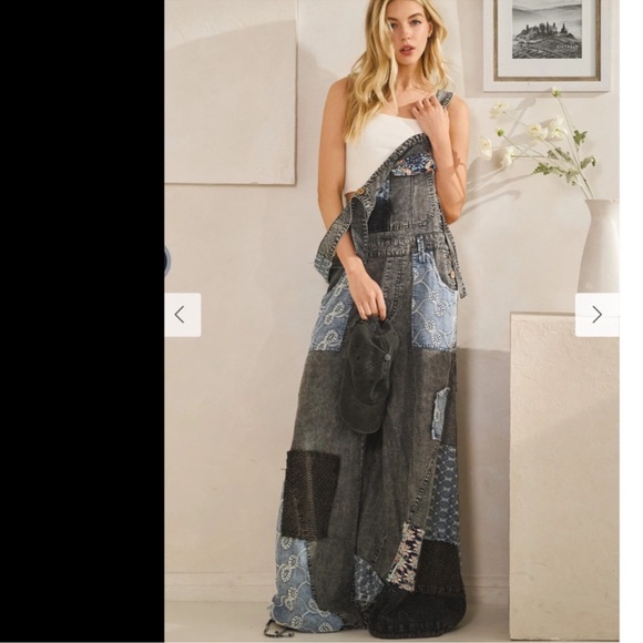 New:Oli & Hali Relaxed Fit Mixed Fabric Print Patchwork Wide Leg Overalls•Large - Picture 4 of 8